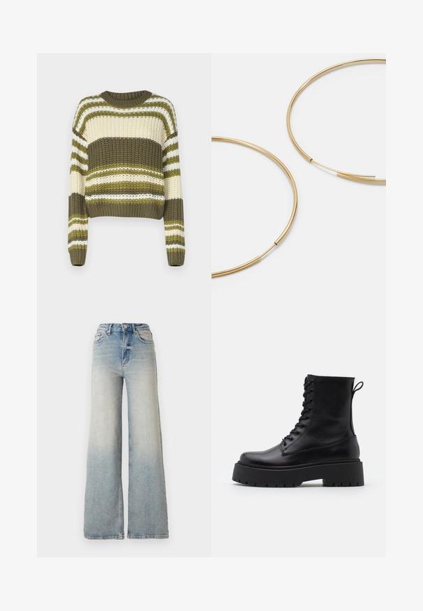 Chunky pleten pulover s okroglim izrezom, z izmeničnimi olivno zelenimi, kremnimi in belimi vodoravnimi črtami. Kratka dolžina z dolgimi rokavi.; Svijetloplave široke traperice s visokim strukom, koje imaju pet džepova i vidljivo šivanje uz šavove.; Črne usnjene gležnjarje z okroglo konico, vezalnim sprednjim delom in debelim gumijastim podplatom z teksturiranim profilom. Zanka na hrbtni strani.; Zlate obroče ušesne uhane, tanke in krožne oblike, z gladko kovinsko površino brez okrasnih elementov ali vzorcev.