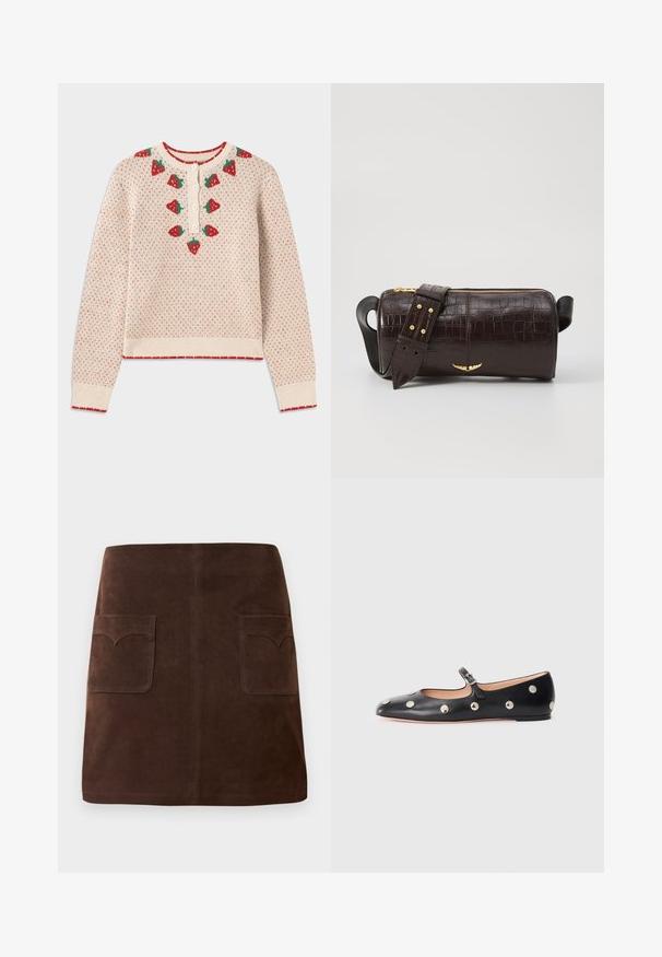 Cream sweater with red strawberry patterns, ribbed red cuffs and hem, button closure at neck, featuring a textured, knitted design.; Brown suede skirt featuring a classic A-line shape, two front pockets with rounded flaps, and subtle stitching details.; Black leather Mary Jane flat shoe with a rounded toe, featuring silver circular studs and an adjustable strap with a buckle.; Brown crocodile-embossed leather bag with a cylindrical shape, gold-tone hardware, and a detachable strap featuring studs.