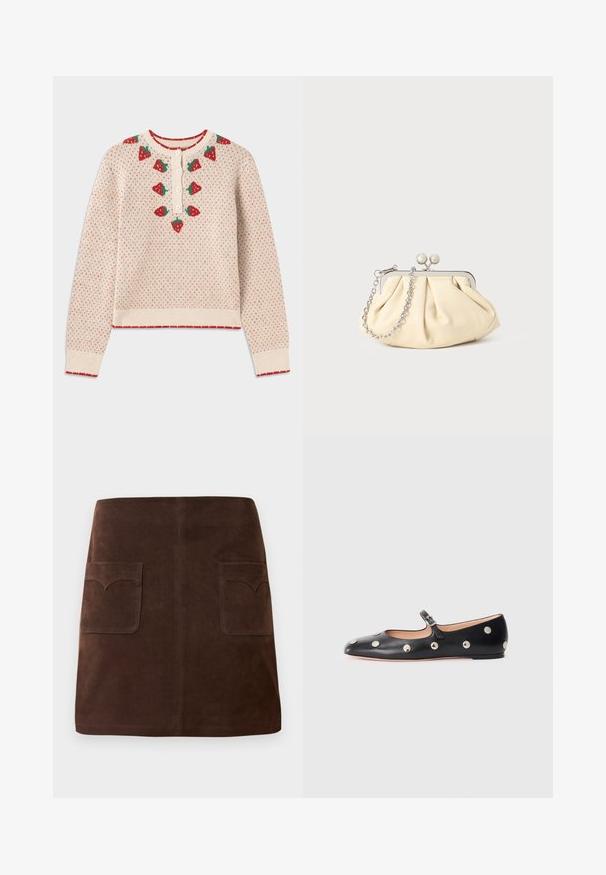 Cream sweater with red strawberry patterns, ribbed red cuffs and hem, button closure at neck, featuring a textured, knitted design.; Brown suede skirt featuring a classic A-line shape, two front pockets with rounded flaps, and subtle stitching details.; Black leather Mary Jane flat shoe with a rounded toe, featuring silver circular studs and an adjustable strap with a buckle.; Pleated beige leather clutch with a silver metal frame, featuring two round decorative clasps and a silver chain strap.