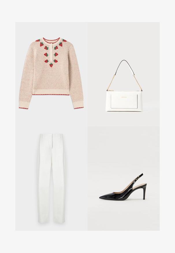 Tejfehér pulóver piros epermintákkal, bordázott piros mandzsettákkal és aljjal, gombos záródással a nyaknál, textúrált, kötött mintázattal.; Paul Smith Nadrágok - white; Fekete lakk bőr kötött magassarkú cipő, hegyes orral és karcsú sarokkal, finom kivágásos dizájnnal. Az övön arany csatt található.; Fehér bőr kézitáska, texturált felülettel, arany lánccal és fekete részletekkel. Elülső zsebbel és cipzáros zárással rendelkezik.