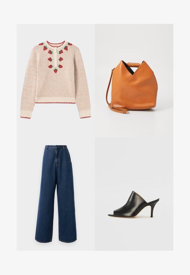 Cream sweater with red strawberry patterns, ribbed red cuffs and hem, button closure at neck, featuring a textured, knitted design.; High-waist wide-leg jeans in dark blue denim with front button and zipper closure, belt loops, and side pockets.; Black leather open-toe mule with a sleek, curved design, high stiletto heel, and smooth texture. The interior features a contrasting light color.; Tan leather handbag with unique triangular fold design, top handle, and detachable shoulder strap on white background.