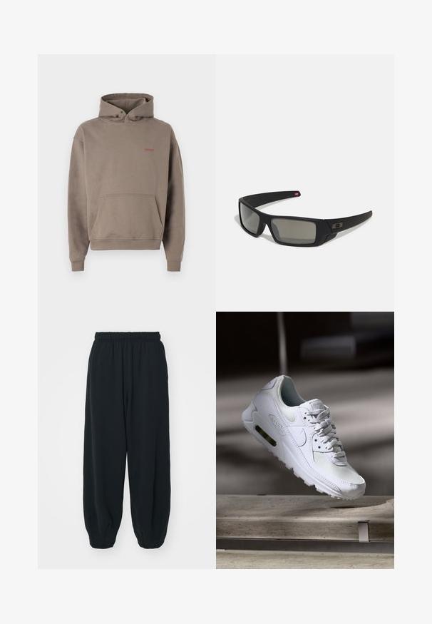 Felpa con cappuccio in taupe tenue, realizzata in tessuto morbido e testurizzato. Presenta una tasca a marsupio sul davanti e un piccolo logo a contrasto.; Pantaloni da jogging neri con vita elasticizzata, dalla vestibilità morbida, caviglie a costina, texture liscia e senza motivi visibili o dettagli in metallo.; Sneaker Nike Air Max 90 bianco con tomaia in mesh e pelle, punta forata e un'unità air visibile nel tallone.; Occhiali da sole neri con finitura opaca, lenti rettangolari, leggero curvatura sulle tempie, dettaglio logo discreto e lenti color fumo.