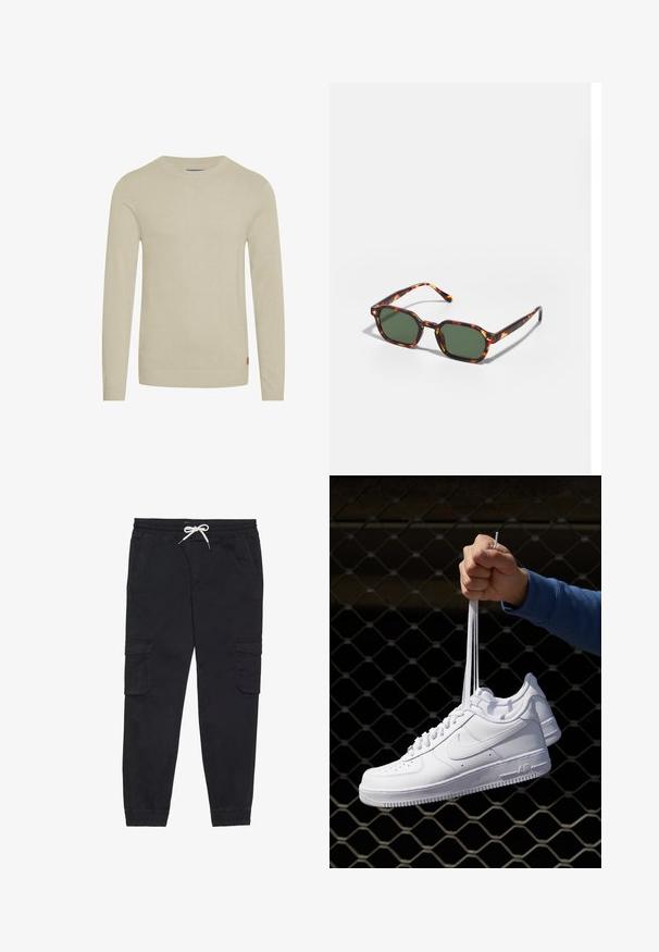 Maglione beige lavorato a maglia con maniche lunghe, scollatura a girocollo a coste e orlo. Texture morbida con un piccolo etichetta con logo in basso a sinistra.; T-shirt bianca a maniche corte, realizzata in cotone, con scollatura a girocollo e una texture liscia, progettata per un abbigliamento casual.; Pantaloni cargo neri in cotone, dotati di una vita elastica con coulisse, tasche laterali e polsini a sigaretta.; Sneakers in pelle bianca con perforazioni, punta rotonda, suola piatta e lacci spessi, con logo swoosh visibile e "AIR" sul tallone.; Occhiali da sole tartarugati con lenti verdi, dotati di una forma ottagonale e bracci sottili e curvi. Il materiale ha una finitura lucida.
