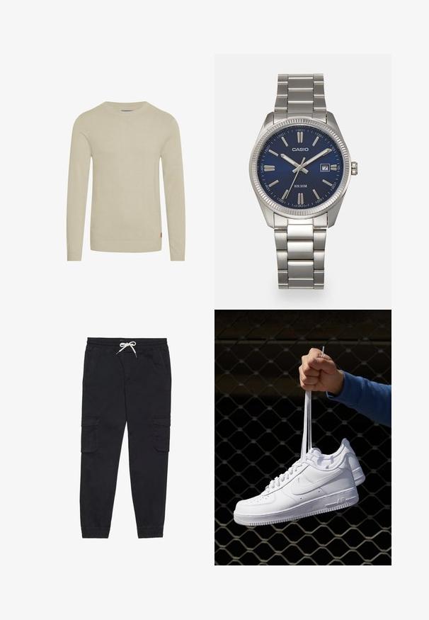 Beige gebreide trui met lange mouwen, geribbelde ronde hals en zoom. Zachte textuur met een klein logolabel aan de onderkant links.; Witte t-shirt met korte mouwen, gemaakt van katoen, voorzien van een ronde hals en een soepele textuur, ontworpen voor casual gebruik.; Zwarte cargobroek van katoen, met een elastische tailleband en een trekkoord, zijzakken en toelopende boorden.; Witte leren sneakers met perforaties, ronde neus, vlakke zool en dikke veters, met een zichtbare swoosh-logo en "AIR" op de hiel.; Zilveren roestvrijstalen horloge met een marineblauwe wijzerplaat, metalen uurmarkeringen en een datumnis op 3 uur. Waterbestendig tot 50 meter.