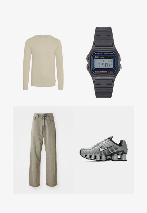 Pull en tricot beige à manches longues, col rond côtelé et ourlet. Texture douce avec une petite étiquette logo en bas à gauche.; Jeans larges gris clair en denim, présentant une texture décolorée, des coutures visibles et une fermeture à boutons et à zip traditionnelle.; Chaussure de course Nike grise et noire avec un coussin de type ressort visible sous la semelle et un logo swoosh blanc sur le côté.; Montre numérique avec un bracelet en caoutchouc noir et un cadran rectangulaire. Dotée d'un affichage LCD gris, d'accents bleus et rouges, et d'une résistance à l'eau jusqu'à 50 m.