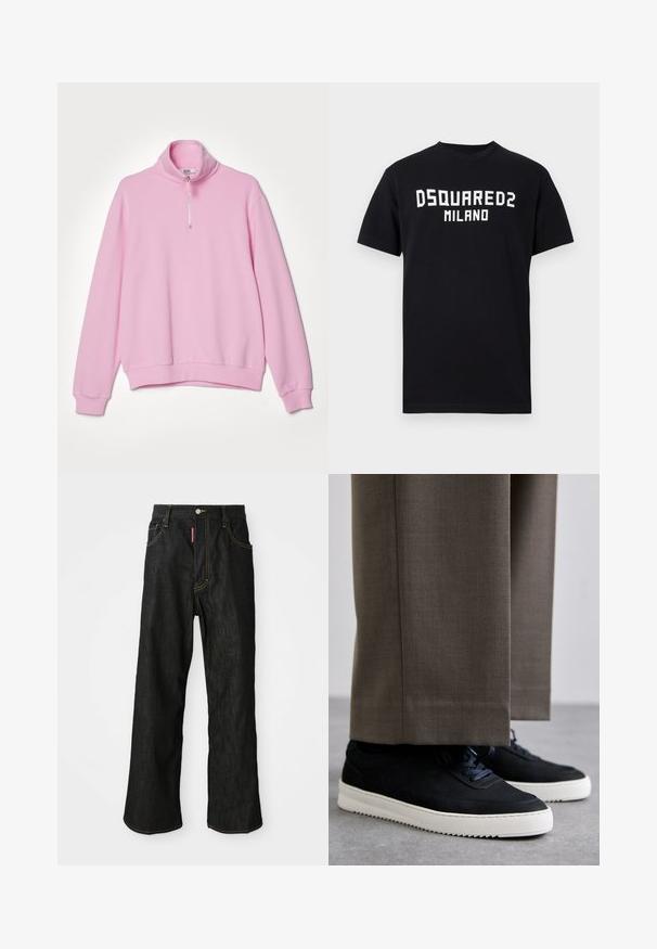 GCDS ESSENTIALS HALF ZIP - Felpa - pink; T-shirt nera a maniche corte con testo bianco "DSQUARED2 MILANO" centrato sul petto, collo rotondo e orlo dritto.; Jeans neri a gamba dritta con cuciture gialle, design a cinque tasche, chiusura con bottone e un piccolo etichetta rossa sulla tasca anteriore destra.; Sneakers in suede nera con suole in gomma bianca, dotati di punta tonda e lacci, indossati con pantaloni grigi su misura.