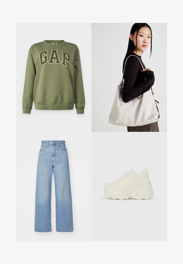 Felpa verde in cotone con collo a giro e polsini a costine, caratterizzata da grandi lettere "GAP" di colore contrastante sul davanti.; Jeans a vita alta blu chiaro con gamba larga, chiusura frontale con bottone e zip, tasche anteriori e posteriori, su uno sfondo bianco.; Sneakers bianchi con piattaforma, caratterizzati da una parte superiore simile alla pelle liscia, forma arrotondata, collo imbottito e suola in gomma testurizzata con scanalature ben definite.; Borsa a mano beige realizzata in materiale morbido, caratterizzata da un design morbido, dettagli cuciti e due manici. Adatta per l'uso quotidiano.