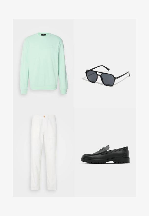 Minkštas audinys, šviesiai žalias megztinis, turintis apvalią iškirptę, ilgas rankoves ir nedidelį logotipą ant krūtinės.; Balti audiniai kelnių su tiesiu kirpimu, turinčiais dvi priekinės kišenes ir mygtukų užsegimą. Sklandus paviršius ir tvarkinga dizaino išvaizda.; Juodi odiniai loaferiai su apvalia nosimi, su siuvinėtu dizainu, žemu platformos padu ir tekstūruotu, sukibimo raštu padu.; Juodos akiniai nuo saulės su aštuonkampiu rėmeliu, tamsiais objektyvais, blizgiu paviršiumi, plonomis šakutėmis ir auksinėmis akcentais priekyje.