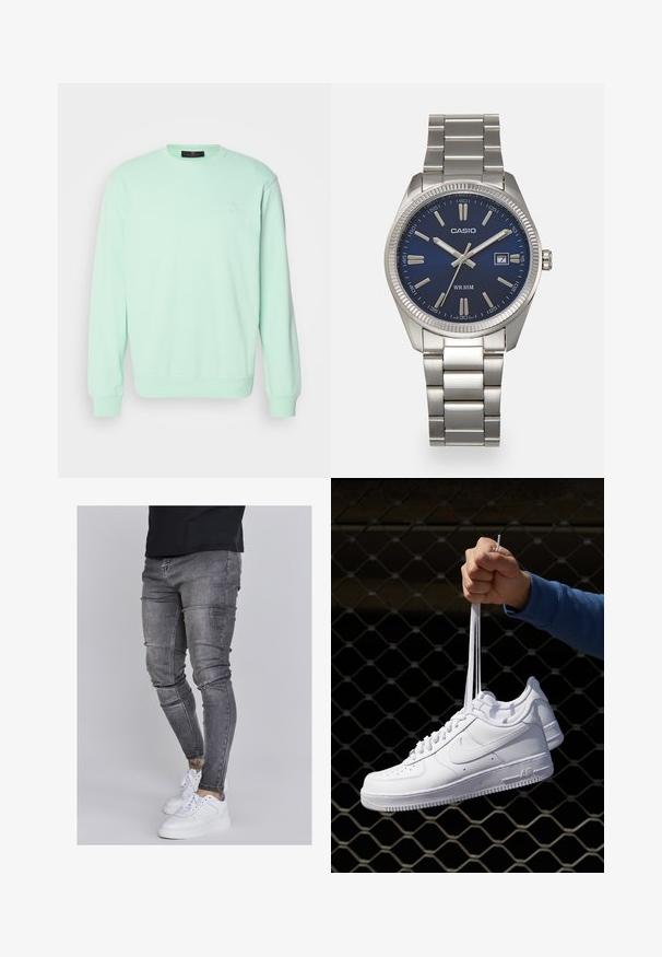 Mintgroene sweatshirt van zachte stof, met een ronde hals, lange mouwen en een klein logo detail op de borst.; Skinny jeans in vervaagd grijs denim, met versleten details op de knieën, gecombineerd met witte sneakers. Gladde textuur, slank model.; Witte leren sneakers met perforaties, ronde neus, vlakke zool en dikke veters, met een zichtbare swoosh-logo en "AIR" op de hiel.; Zilveren roestvrijstalen horloge met een marineblauwe wijzerplaat, metalen uurmarkeringen en een datumnis op 3 uur. Waterbestendig tot 50 meter.