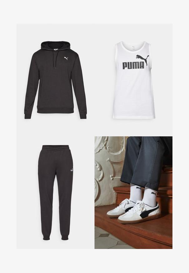 Felpa nera a maniche lunghe con tasche frontali, cappuccio con coulisse, polsini a coste e piccolo logo bianco Puma sul lato sinistro del petto.; Top in cotone bianco senza maniche con un grande logo nero "PUMA" e un emblema di un puma che salta. Girocollo.; Pantaloni jogger neri realizzati in un tessuto morbido, con vita elasticizzata, caviglie aderenti e un logo discreto sulla coscia sinistra.; Sneakers Puma in suede bianco e nero, con suola in gomma marrone. Abbinati a calzini bianchi con logo nero, indossati con pantaloni scuri.