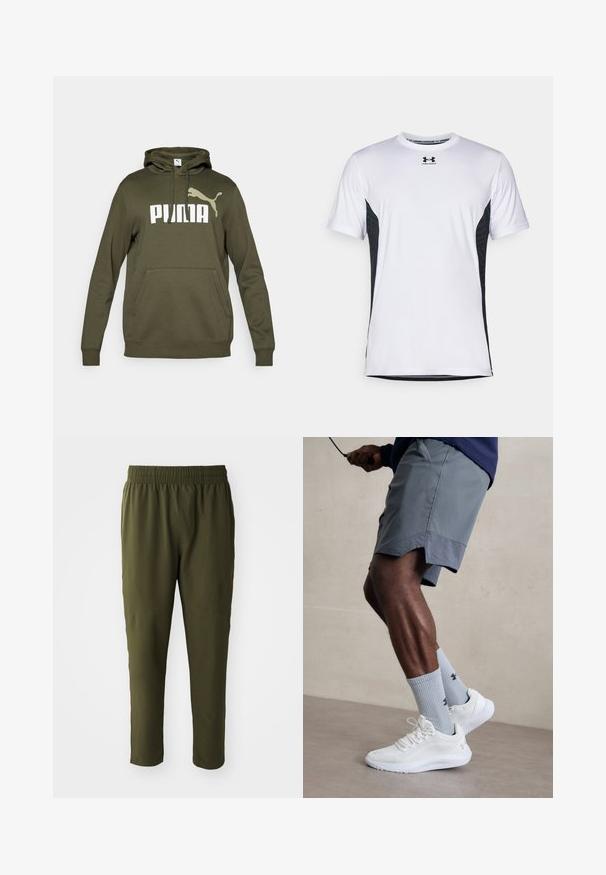 Olivgrüner Hoodie mit einer vorderen Kängurutasche, Kapuze mit Kordelzug und großem weißen "PUMA"-Logo mit Akzentlogo. Material aus Baumwollmix.; Under Armour CHALLENGER PRO SS - Sport T-Shirt - white/black; Olivgrüne Hose aus einem glatten, leichten Material. Sie verfügt über einen elastischen Bund und schmal zulaufende Beine mit genähten Details.; Weiße Sportschuhe mit strukturiertem Mesh-Obermaterial, kombiniert mit hellblauen gerippten Socken mit einem Logo. Graue Sportshorts mit perforiertem Saum.