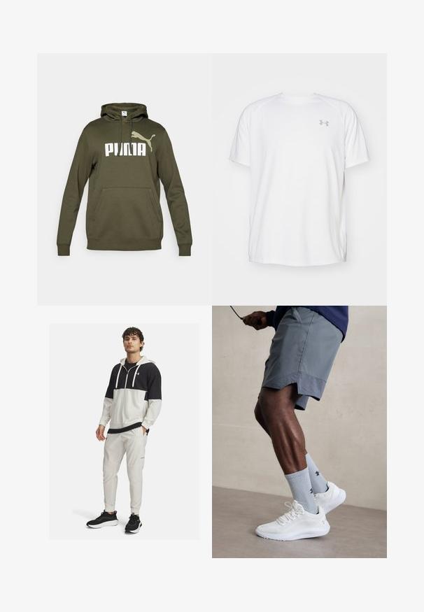 Sudadera de color verde oliva con un bolsillo tipo canguro en el frente, capucha con cordón y un gran logo blanco de "PUMA" con un logo de acento. Material de mezcla de algodón.; Camisa atlética de manga corta blanca, hecha de tejido suave. Presenta un cuello redondo y un logo gris en el lado izquierdo del pecho, con aberturas laterales en el dobladillo.; Chaqueta deportiva con capucha en blanco y negro con cierre de cremallera; combinada con pantalones joggers blancos con bolsillos y puños elásticos; zapatillas negras.; Zapatillas deportivas blancas con parte superior de malla texturizada, combinadas con calcetas de canalé azul claro que cuentan con un logo. Pantalones cortos deportivos grises con borde perforado.