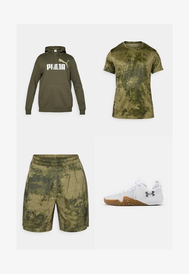 Olívazöld kapucnis pulóver elülső kenguru zsebből, húzózsinóros kapucnival és nagy fehér "PUMA" logóval accentáló logóval. Pamut keverék anyag.; Olíva zöld, rövid ujjú sportpóló, textúrált, mintás felülettel. A bal felső mellrészen egy kis fekete logó található.; Zöld árnyalatú, álcázó mintás rövidnadrág, könnyű anyagból készült, rugalmas derékkal és laza szabással.; Fehér sportcipők hálós felsőrésszel, gumis talppal, kialakított részletekkel és fekete logóval az oldalon.