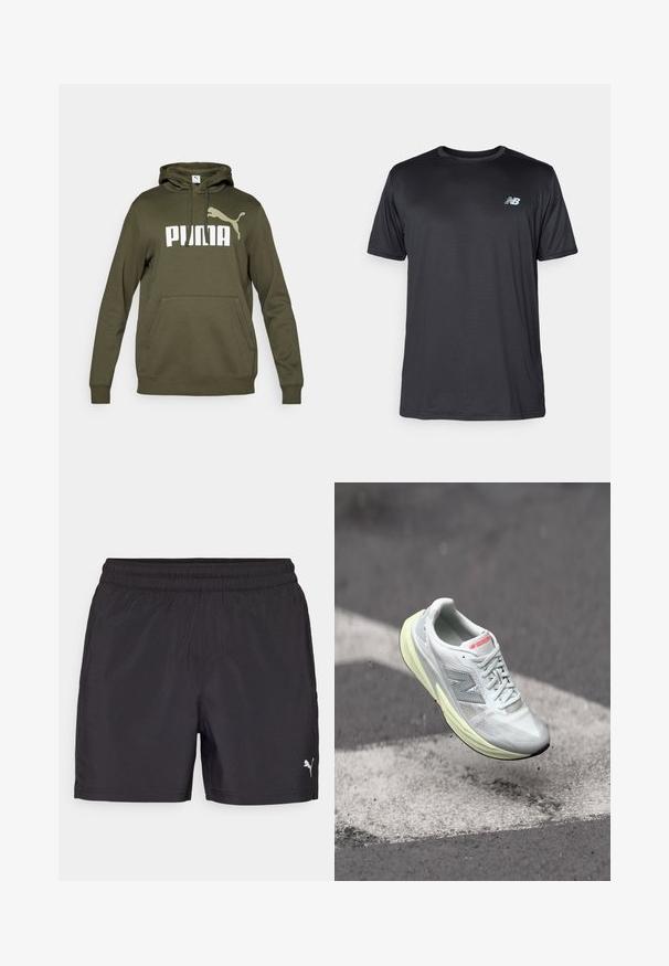 Olívazöld kapucnis pulóver elülső kenguru zsebből, húzózsinóros kapucnival és nagy fehér "PUMA" logóval accentáló logóval. Pamut keverék anyag.; New Balance Sportfelső - black; Fekete sportnadrág rugalmas derékrészzel, könnyű anyagból készült, a bal oldalon egy kis fehér logóval.; Könnyű futócipő fehér hálós felsőrésszel, sárga középtalppal és szürke akcentusokkal. Jellemzője a feltűnő "N" logó és a texturált felület.