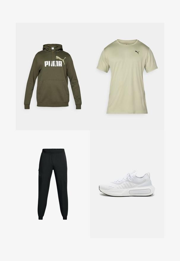 Oliwkowa bluza z kapturem z przednią kieszenią typu kangur, regulowanym kapturem i dużym białym logo "PUMA" z dodatkowymi akcentami. Materiał mieszanki bawełny.; Jasnozielona koszulka z krótkim rękawem wykonana z miękkiego materiału, z okrągłym dekoltem i małym czarnym logo Pumy na piersi.; Czarne sportowe spodnie z elastycznym paskiem, zwężającym się krojem nogawek, bocznymi kieszeniami oraz kontrastowymi detalami. Lekki, gładki materiał.; Białe sportowe buty z teksturowanym, dzianinowym wierzchem, sznurowanym zapięciem, wyściełaną podeszwą i charakterystycznym detalem brandingowym po boku.