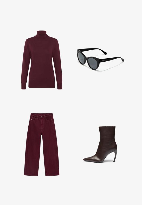 Burgundska pulover s polo ovratnikom, izdelan iz mehkega pletenega materiala, s dolgimi rokavi in ribastim ovratnikom ter robom, ki zagotavlja prilegajočo se silhueto.; Burgundske široke hlače iz jeansa, izdelane iz bombažnega denima, z zasnovo štirih žepov in kovinskim gumbom za zapiranje ter usklajenim šivom.; Rjave usnjene gležnjarje s koničastim nosom, vitko silhueto in visokim stiletto peto. Imajo gladko teksturo in minimalističen dizajn.; Sončne naočale v mačjem stilu z črnimi plastičnimi okvirji, siva zatemnjena leča in gladka površina. Vsebujejo logo na levem ročaju in ukrivljene temple.; Črna usnjena torba s ukrivljeno zasnovo, z zlatimi dodatki in zgornjim ročajem. Ima eleganten zapirni mehanizem in gladko teksturo.