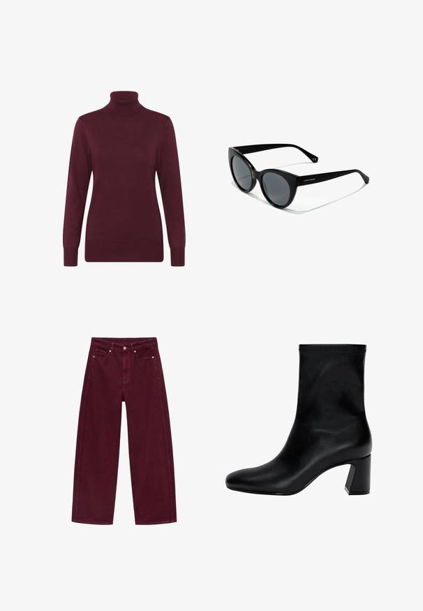 Burgundska pulover s polo ovratnikom, izdelan iz mehkega pletenega materiala, s dolgimi rokavi in ribastim ovratnikom ter robom, ki zagotavlja prilegajočo se silhueto.; Burgundske široke hlače iz jeansa, izdelane iz bombažnega denima, z zasnovo štirih žepov in kovinskim gumbom za zapiranje ter usklajenim šivom.; Črne gležnjarje iz gladke usnjene obutve. Imajo kvadratni nos, elastičen vrh in široko peto za stabilnost. Minimalističen dizajn.; Sončne naočale v mačjem stilu z črnimi plastičnimi okvirji, siva zatemnjena leča in gladka površina. Vsebujejo logo na levem ročaju in ukrivljene temple.; Črna usnjena torba s ukrivljeno zasnovo, z zlatimi dodatki in zgornjim ročajem. Ima eleganten zapirni mehanizem in gladko teksturo.