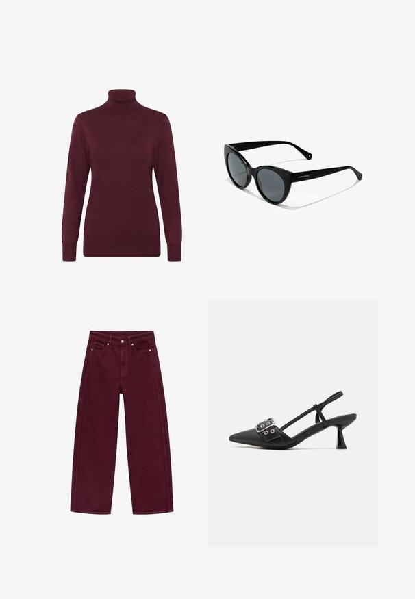 Burgunderfarbener Rollkragenpullover aus weichem Strickstoff, mit langen Ärmeln und geripptem Kragen und Saum, der eine taillierte Silhouette bietet.; Burgunderfarbene Schlagjeans aus Baumwoll-Denim, mit einem Vier-Taschen-Design und metallischem Knopfverschluss mit passender Naht.; Simmi London DALA - Pumps - black; Sonnenbrille im Cat-Eye-Stil mit schwarzen Kunststoffrahmen, grauen getönten Gläsern und glatter Oberfläche. Mit Logo am linken Bügel und gebogenen Schenkeln.; Schwarze Lederhandtasche mit geschwungenem Design, Beschlägen in Goldfarbe und einem oberen Griff. Verfügt über einen eleganten Verschluss und eine glatte Textur.