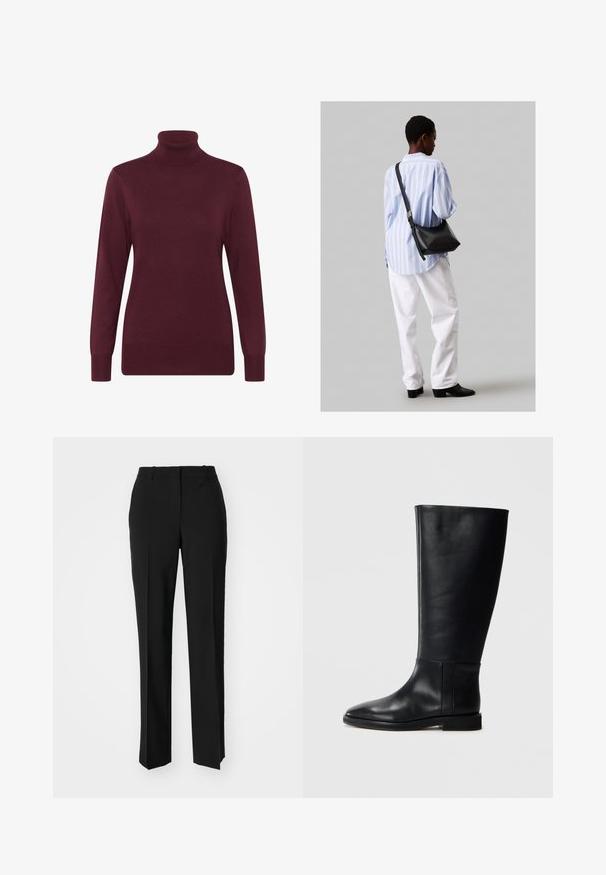 Bordo turtleneko megztinis, pagamintas iš švelnaus megztinio audinio, su ilgomis rankovėmis ir raukiniais ant apykaklės bei apatinės dalies, suteikiantis prilipusį siluetą.; Juodi pritaikyti kelnių modeliai su tiesiomis kojomis, pasižyminčios lygiomis tekstūromis ir ryškiomis klostėmis priekyje. Nėra matomų detalių.; Juodos odinės kelio ilgio boot'ai su apvaliu pirštu, lygia tekstūra, minimalistiniu dizainu ir plokščiu padu. Paprasti siuvinėjimo detalės ant šonu.; Juodas odinis petinis krepšys su minkšta tekstūra, trikampiu pavidalu ir reguliuojama juosta, derinamas su šviesiai mėlynu dryžuotu marškinėliu ir baltais džinsais.