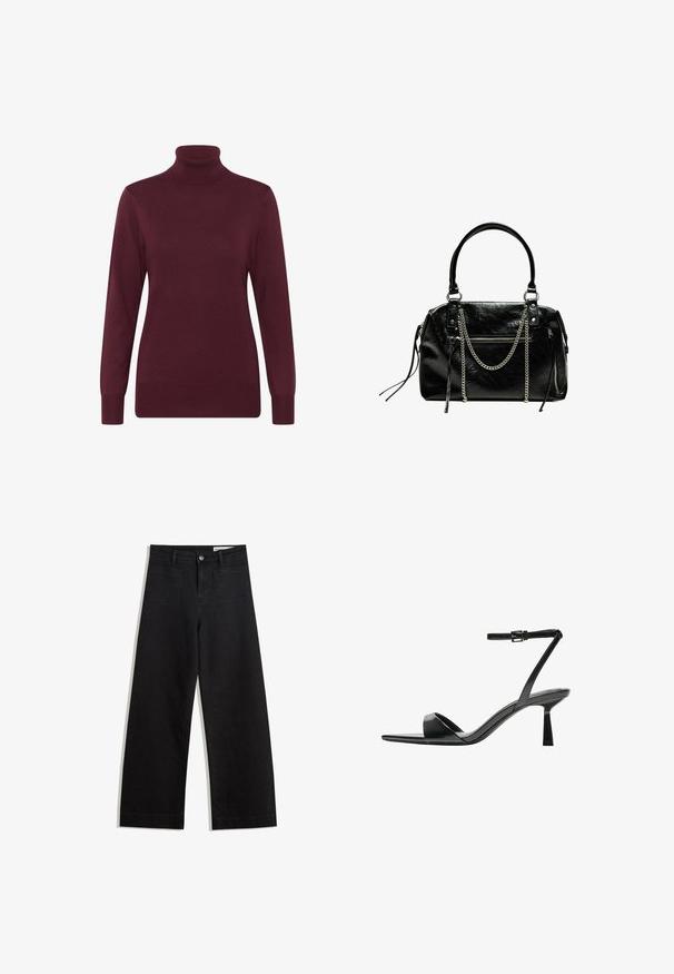 Vínový rolák z měkkého pleteného materiálu, s dlouhými rukávy a žebrovaným límcem a lemem, který skvěle tvaruje siluetu.; Černé denimové kalhoty s volným střihem a vysokým pasem, vybavené předními a zadními kapsami, prošívanými švy a knoflíkovým zapínáním. Hladká textura.; Bershka Sandály na vysokém podpatku - black; Bershka WITH CHAIN - Kabelka - black