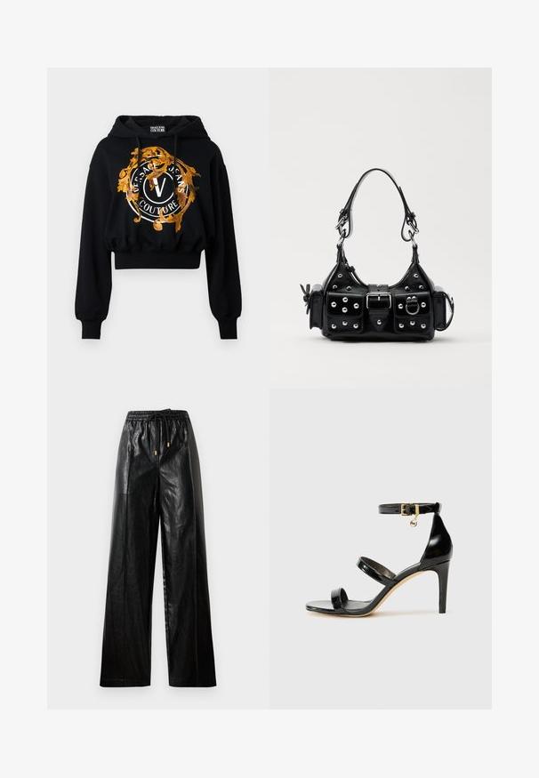 Sweatshirt cropped preto feito de tecido macio, apresentando um gráfico ornamentado em dourado e laranja com texto circular e um logótipo central "V".; Calças largas de couro preto com cintura elástica, cordão e detalhes em metal dourado. Textura suave e corte solto.; Sandal de couro envernizado preto com três tiras, fivela no tornozelo e salto agulha de 10 cm. Apresenta detalhes em hardware dourado e um charme com logotipo.; Bolsa de couro preta com um design curvado, apresentando tachas prateadas, uma fivela e dois bolsos laterais. Alça ajustável para opções de transporte.
