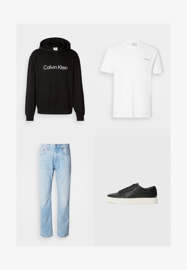 Sudadera de algodón negra con bolsillo frontal, presenta el logo blanco "Calvin Klein" en el pecho y puños y dobladillo acanalados.; Camiseta de algodón blanca con mangas cortas y un escote en forma de cuello redondo. Presenta un pequeño logotipo negro de "Calvin Klein" en el lado izquierdo del pecho.; Vaqueros de mezclilla azul claro con corte recto, con secciones desgastadas, diseño de cinco bolsillos y cierre de botones clásico.; Zapatillas de cuero negro con textura perforada, puntera redonda y suela plana de goma blanca. Presenta cordones negros y un logo sutil en el costado.