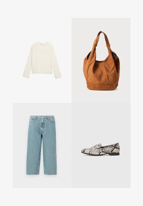 Balts, īss džemperis ar teksturētu, adītu rakstu, apaļu kakla izgriezumu un garām piedurknēm. Mīksta auduma, ar brīvu piegriezumu.; Gai zila džinsu šorti ar augstu jostasvietu, taisnu griezumu un neapstrādātu apakšējo malu. Ietver klasisku pogu un rāvējslēdzēja aizdari, četras kabatas.; Beigā un melnā krāsā svītraini loafers ar noapaļotu purngalu, plakanu zoli un viegli uzliecamu dizainu. Kvalitatīvs sintētisks materiāls.; Brūna zamša plecu soma ar maigu tekstūru, izliekta forma un divi rokturi. Iezīmē minimālistisku dizainu bez redzamām detaļām vai akcentiem.