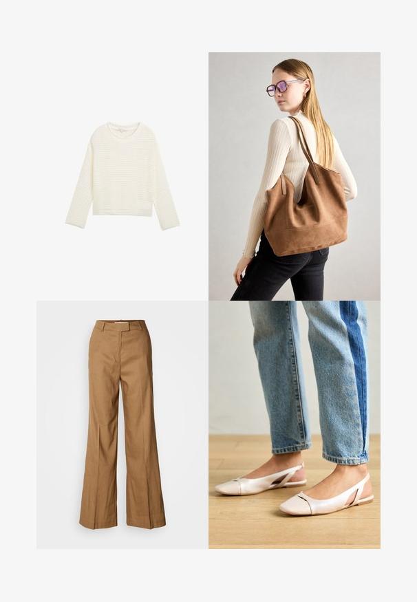 Fehér, rövid fazonú pulóver texturált, kötött mintával, kerek nyakkivágással és hosszú ujjak. Puha anyag, laza szabással.; Barna, széles szárú nadrág könnyű anyagból. Jellemzője a sima elülső rész, övhurkok és az alakra szabott sziluett, boka hosszúságú kivitelben.; Világos rózsaszín slingback laposlábú cipők, hegyes orral, sima bőrhatású anyagból készült. Oldalt kivágott részletek találhatók rajta, valamint lapos sarkú.; Barna velúr vászontáska puha textúrával, nagy nyílással és hosszú pántokkal. Egyszerű dizájnnal rendelkezik, látható varrással és nincs rajta fém alkatrész.