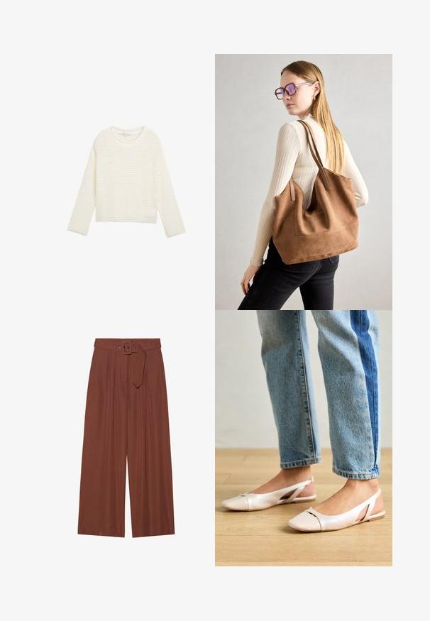 Fehér, rövid fazonú pulóver texturált, kötött mintával, kerek nyakkivágással és hosszú ujjak. Puha anyag, laza szabással.; Barna anyagból készült, széles szárú nadrág, négyzet alakú csattal ellátott övvel, redők kialakítással és sima textúrával.; Világos rózsaszín slingback laposlábú cipők, hegyes orral, sima bőrhatású anyagból készült. Oldalt kivágott részletek találhatók rajta, valamint lapos sarkú.; Barna velúr vászontáska puha textúrával, nagy nyílással és hosszú pántokkal. Egyszerű dizájnnal rendelkezik, látható varrással és nincs rajta fém alkatrész.