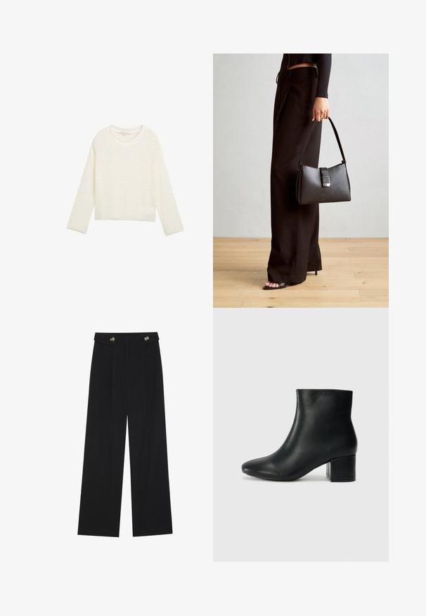 Bel bela, skrajšana pulover s teksturiranim, pletenim vzorcem, okroglim izrezom in dolgimi rokavi. Mehka tkanina s sproščenim krojem.; Črne široke hlače s visokim pasom, gumbnimi detajli na pasu in sprednjimi gubami.; Črne usnjene gležnjarje s koničastim nosom in debelim peto. Gladka tekstura z minimalnimi detajli in eleganten, prilegajoč dizajn.; Črna torbica z strukturirano obliko, gladko teksturo in kovinskim zaponko. Ujemajo se z širokimi črnimi hlačami in odprtimi sandali na lesenem tleh.
