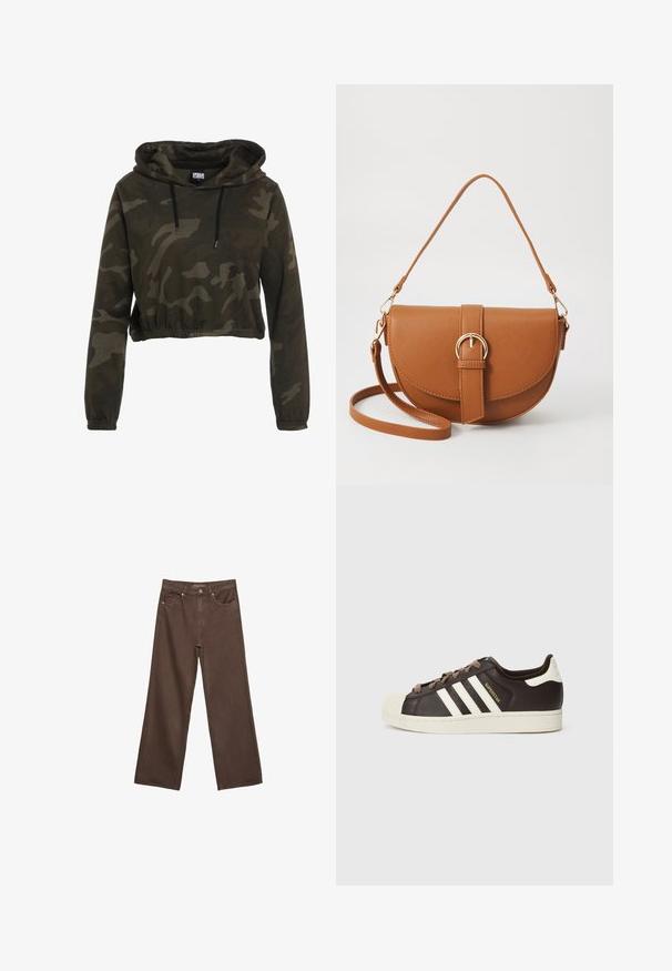 Felpa cropped in camouflage scuro, con cappuccio regolabile, maniche lunghe e orlo elasticizzato. Realizzata in un morbido tessuto testurizzato.; Jeans a gamba larga marroni in denim, con vita alta, tasche anteriori e chiusura a bottone classica. Tessuto liscio con cuciture sottili.; Sneaker Adidas Superstar low-top in pelle marrone scuro con punta a conchiglia crema, strisce bianche e scritta "Superstar" sul lato.; Borsa a tracolla in pelle marrone con forma curvata, hardware dorato e un dettaglio con fibbia. Presenta una tracolla rimovibile.