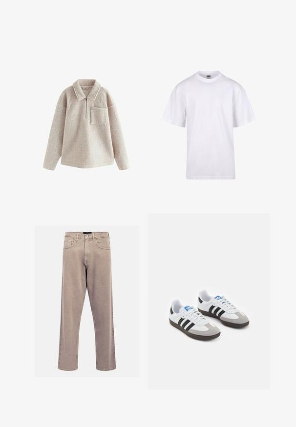 Beige fleece pullover met een gezellige textuur, halve rits aan de voorkant, kraag en een borstzakje aan de linkerkant. Heeft een ontspannen pasvorm en lange mouwen.; Witte katoenen t-shirt met een ronde hals, korte mouwen en een relaxte pasvorm. Heeft een eenvoudig ontwerp zonder patronen of accenten.; Beige straight-leg jeans van denim, met een klassiek vijf-pocket ontwerp, gestikte accenten en een nette zoomafwerking.; Sportschoenen met een witte leren bovenkant, grijze suède neus en drie zwarte strepen. Bevat een blauw logo op de tong en een gestructureerde rubberen zool.