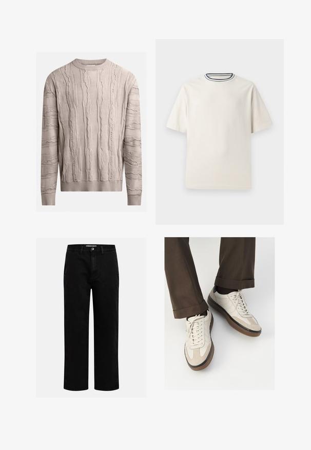 Maglione beige chiaro con motivi testurizzati e in rilievo. Maniche lunghe, scollatura a girocollo e orlo a costine. Il tessuto appare morbido con un design leggermente irregolare.; T-shirt in cotone color crema con maniche corte, caratterizzato da un collo rotondo decorato da righe blu navy e bianche. Tessuto liscio, vestibilità comoda.; Pantaloni in denim nero con taglio dritto, design classico a cinque tasche e chiusura con bottone in vita. Tessuto liscio e materiale resistente.; Sneakers beige con una parte anteriore in suede testurizzato, lati in pelle liscia e una suola in gomma marrone. Inclusi lacci e dettagli di cucitura leggera.