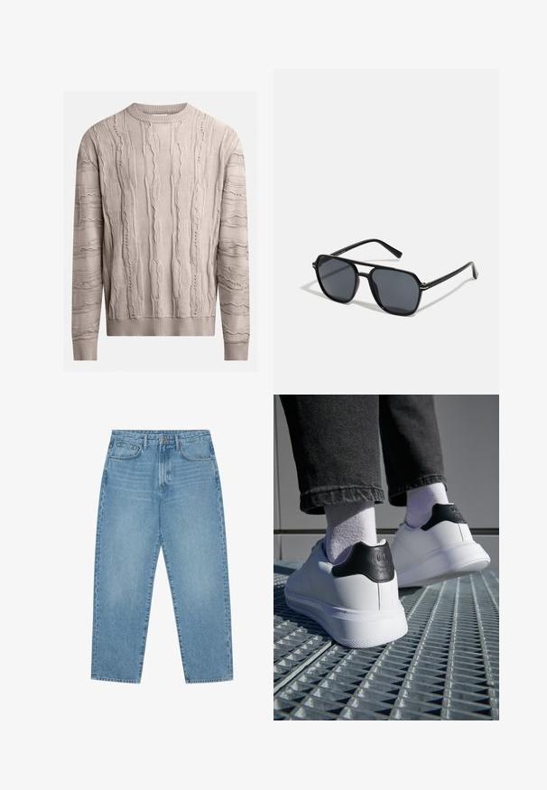 Kerge beež džemper, millel on tekstureeritud, väljaulatuvad mustrid. Pikkade varrukatega, ribaga ümber kaela ja ääres. Kanga välimus on pehme ning veidi ebakorrapärase disainiga.; Heledad tumesinised lai jalgadega teksad kõrge vöökohtaga, millel on viis taskut, vöökohad ja pehme, kergelt pleekinud tekstuur.; Valged tennisekingad musta kanna siltega, millel on naljakas näo kujundus, siledast nahast materjal, lame kummist tald ja tekstureeritud detailid.; Mustad mustad prillid oktaalpäistega, tumedad läätsed, läikiv viimistlus, õhukesed templid ja kuldsed aktsendid ees.