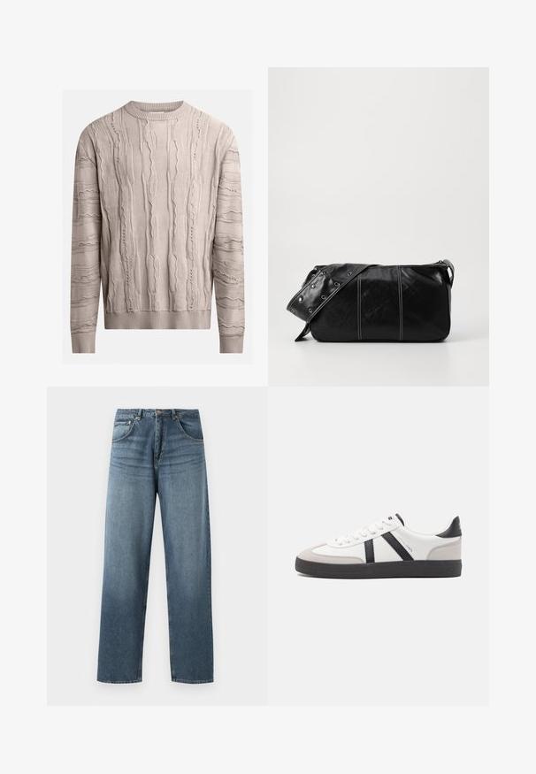 Suéter color beige claro con patrones texturizados y en relieve. Mangas largas, cuello redondo y dobladillo acanalados. La tela parece suave con un diseño ligeramente irregular.; Jeans de mezclilla azul de pierna recta con un lavado desgastado, que cuentan con un diseño de cinco bolsillos, botón de metal y presillas para cinturón. Tejido estructurado y de peso medio.; Zapatilla blanca con acentos en negro y gris, que presenta una puntera texturizada en gris, suela de goma negra y cordones planos blancos. Diseño limpio, estilo minimalista.; Bolso de hombro de cuero negro con cierre de cremallera, que presenta un cuerpo texturizado, costuras blancas y una correa con ojales plateados.