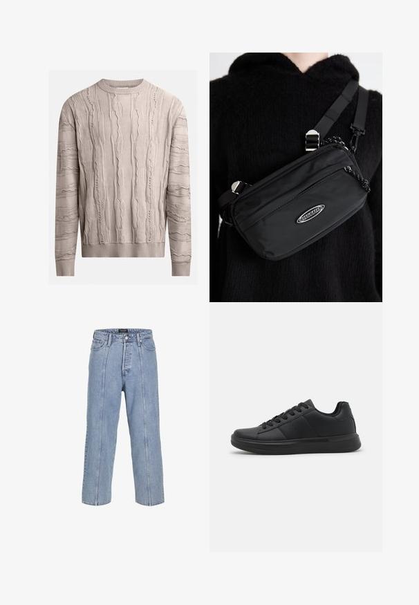 Jasno beżowy sweter z fakturowanymi, wypukłymi wzorami. Długie rękawy, ribbingowy dekolt i wykończenie. Materiał wydaje się miękki z lekko nieregularnym wzorem.; Jasnoniebieskie dżinsy o luźnym kroju, szerokich nogawkach i widocznych detalach szwów. Posiadają zapięcie na guzik i zamek błyskawiczny oraz pięć kieszeni.; Czarne sneakersy z syntetycznej skóry o gładkim wykończeniu, płaska gumowa podeszwa, zaokrąglony czubek oraz sześć otworów na sznurówki.; Czarna nylonowa torba na ramię z regulowanym paskiem, o gładkiej fakturze, z przednią kieszenią na zamek błyskawiczny i akcentem w postaci logo.