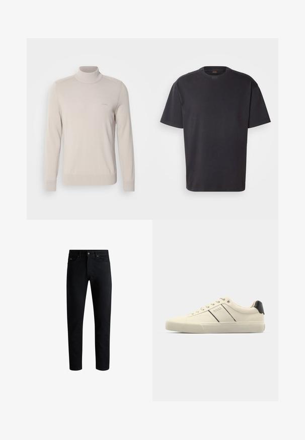 Világos bézs garbós pulóver, puha anyagból készült. Bordás mandzsettákkal és hempercekkel rendelkezik, a mellrészen egy diszkrét logó található. Klasszikus dizájn.; Fekete, rövid ujjú pamut póló, kerek nyakkivágással és diszkrét márkázással a gallérnál. Sima textúra, laza szabással.; Fekete, slim-fit farmernadrág, öt zsebbel, gombos záródással és övbújtatókkal, fehér háttér előtt bemutatva.; Krém színű sneakers, sima textúrával, fekete kiegészítőkkel és márkajelzéssel. Klasszikus fűzős dizájn, kerek orral és gumitalppal.