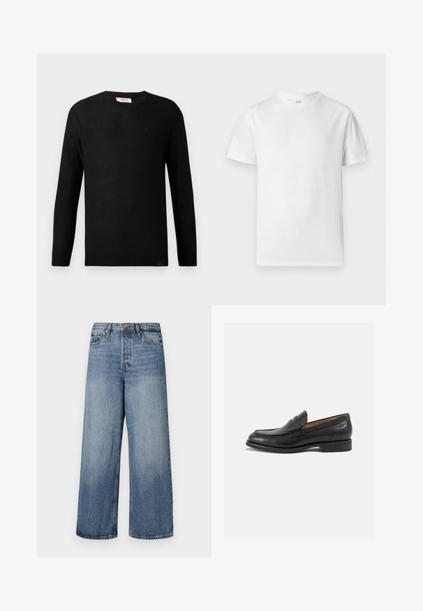 Schwarzer Strickpullover mit langen Ärmeln und Rundhalsausschnitt. Dezente Textur und ein kleines Logo-Detail auf der Brust. Klassisches und vielseitiges Design.; Weißes kurzärmliges T-Shirt aus weicher Baumwolle. Verfügt über einen runden Halsausschnitt und einen geraden Saum mit minimalen Details.; Weite blaue Denim-Jeans mit einer ausgewaschenen Optik, Fünf-Taschen-Design und einer Knopfverschluss. Ausgestattet mit Gürtelschlaufen und gestickten Details.; Schwarze Leder Slipper mit glatter Oberfläche, runder Spitze und dekorativer Naht auf dem Vorderblatt. Niedriger Blockabsatz und leichter Glanz.