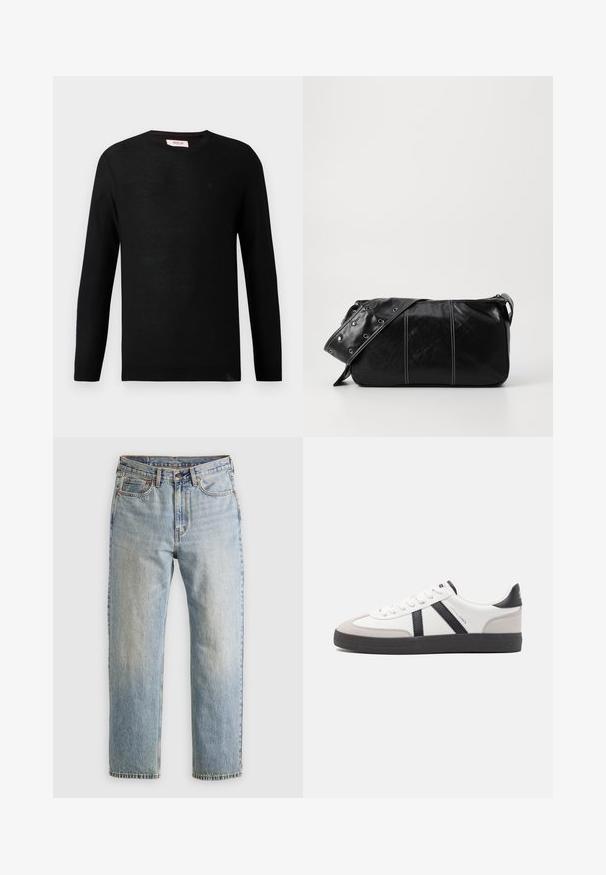 Schwarzer Strickpullover mit langen Ärmeln und Rundhalsausschnitt. Dezente Textur und ein kleines Logo-Detail auf der Brust. Klassisches und vielseitiges Design.; Helle blaue Jeans mit hoher Taille, Frontknopf, Reißverschluss und fünf Taschen-Design, flach auf einem neutralen Hintergrund ausgelegt.; Weiße Sneaker mit schwarz- und grau-aczenten, ausgestattet mit einer strukturierten grauen Zehenkappe, schwarzer Gummi-Sohle und flachen weißen Schnürsenkeln. Sauberes Design, minimalistische Stil.; Schwarze Leder Schultertasche mit Reißverschluss, ausgestattet mit einer strukturierten Oberfläche, weißen Nähten und einem Tragegurt mit silbernen Ösen.