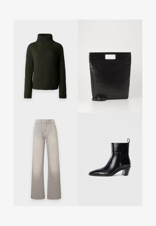 Dunkelgrüner, gerippter Rollkragenpullover mit langen Ärmeln und lockerer Passform. Aus strukturiertem Strickmaterial gefertigt, bietet Wärme und Komfort.; Graue weit geschnittene Jeans mit einem verblassten Finish, Knopfverschluss, fünf Taschen und gestickten Details entlang der Nähte.; Schwarze Leder-Ankleboots mit spitzem Zeh, geometrischem Blockabsatz und einem Zugband hinten. Glatte Textur und elegantes Design.; Schwarze Leder-Tote-Tasche mit einem quadratischen Griff, ausgestattet mit einer strukturierten Oberfläche und geprägtem Logo. Inklusive abnehmbarem Tragegurt.