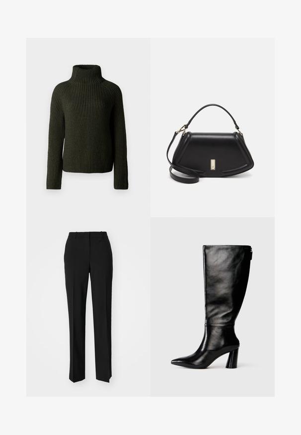 Tummanvihreä ribbipintainen korkeakauluksinen villapaita, jossa on pitkät hihat ja rento leikkaus. Valmistettu teksturoidusta neulemateriaalista, joka tarjoaa lämpöä ja mukavuutta.; Mustat räätälöidyt housut suoraa lahjetta, joissa on sileä pinta ja terävät taitteet edessä. Ei näkyvää metalliosaa.; Mustat nahkasaappaat, joissa on terävä kärki, sileä pinta ja paksu korko. Takana on vetoketjuyksityiskohta.; Mustalla nahkalaukulla, jossa on jämäkkä muotoilu, lyhyt malli, yläkahva ja kultaiset yksityiskohdat. Säädettävä olkahihna sisältyy.