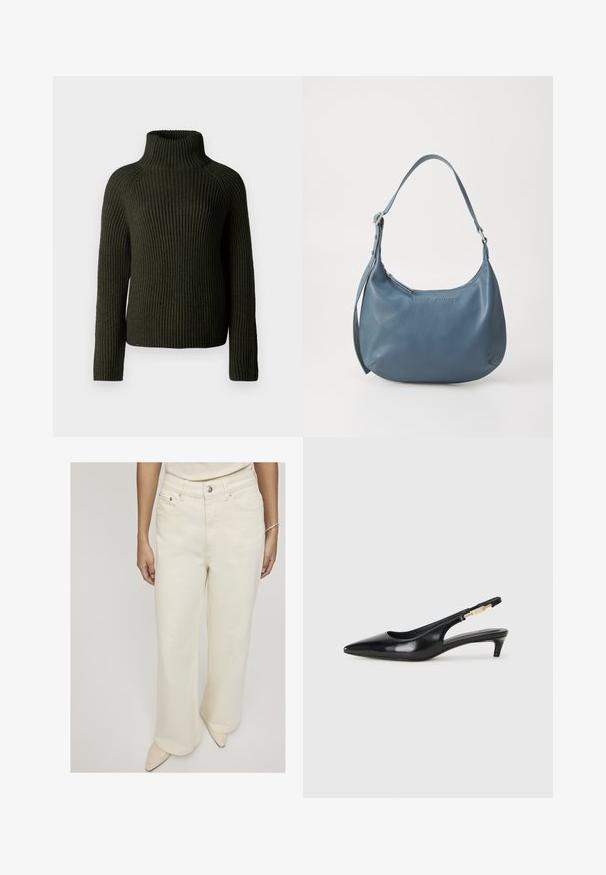 Suéter de gola alta em malha canelada verde escura, com mangas longas e um corte solto. Feito de material de malha texturizada, que oferece calor e conforto.; Calças de ganga de perna larga na cor creme, com uma cintura alta, bolsos frontais e um fecho de botão único para um ajuste descontraído.; Saltos slingback em couro preto com bico fino, apresentando um salto esguio e um detalhe em tom dourado na alça ajustável. Textura suave.; Bolsa de couro azul com formato arredondado, alça única para o ombro, fecho em zíper e nome da marca em relevo na parte da frente. Textura suave.