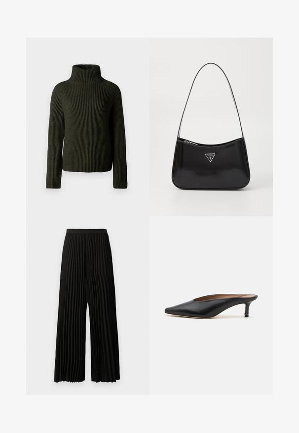 Dunkelgrüner, gerippter Rollkragenpullover mit langen Ärmeln und lockerer Passform. Aus strukturiertem Strickmaterial gefertigt, bietet Wärme und Komfort.; Schwarze weite Hose mit vertikalen Falten und einem taillierten Bund, frontseitig auf einem schlichten weißen Hintergrund präsentiert.; Schwarze Leder-Mules mit spitzem Zehenbereich und niedrigem Blockabsatz. Glatte Textur mit elegantem Design. Offene Rückseite mit minimaler Gestaltung.; Schwarze patentierte Leder-Schultertasche mit geschwungener Form, ausgestattet mit einem silbernen Dreieckslogo und einem Reißverschluss. Glatte Textur und schmaler Riemen.