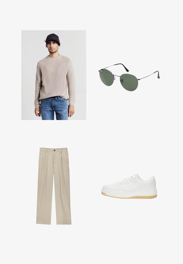 Calliope Maglione - beige; Pantaloni beige a taglio dritto, con un solo bottone nero, passanti per la cintura e tasche laterali. Tessuto dalla texture liscia e design minimale.; Sneaker bianco in pelle con finitura testurizzata, dotata di suola in gomma, design con lacci e sottili accenti a strisce sui lati.; Occhiali da sole con montatura in metallo e lenti verdi ovali. Montatura sottile in metallo argento e terminali neri. Design minimalista, senza loghi visibili.