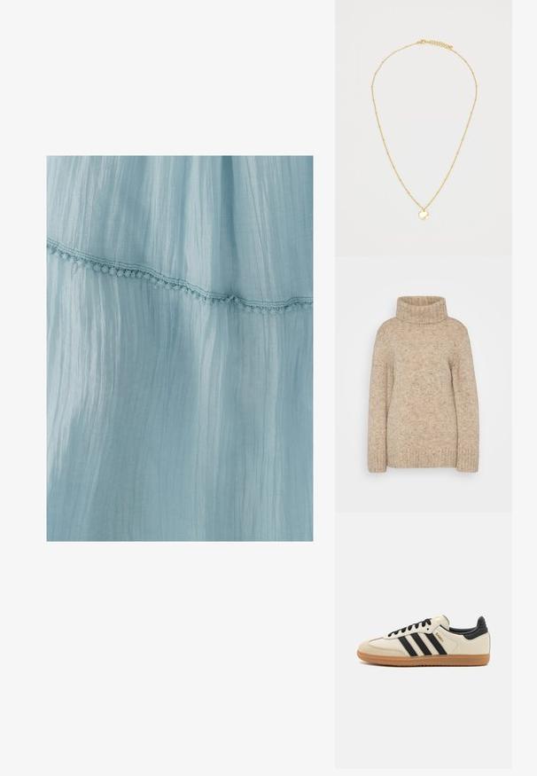 Beige neulepusero korkealla kauluksella, jossa on ribbineulekaulus, pitkät hihat ja tekstuuri, jossa on hienovaraisia pilkkuja. Rentouttava istuvuus.; Vaaleansininen mekko, joka on valmistettu ryppyisestä kankaasta ja jossa on koristeellinen pitsireunus helman ympärillä. Kankaan rakenne on pehmeä ja ilmava.; Beige urheilukenkä mustilla raidoilla, kumipohjalla ja mustilla yksityiskohdilla. Ominaisuuksiin kuuluu sileä nahkainen päällinen ja pyöristetty kärjen muoto.; Pehmeä tumma ruskea tekoturkispussi, jossa on rypistynyt yläosa ja mustat nyörit kummallakin puolella.; Kultaketju, jossa on hieno ketju, pieniä tasaisesti aseteltuja helmiä ja pyöreä riipus. Riipus on sileä ja heijastava pinta.