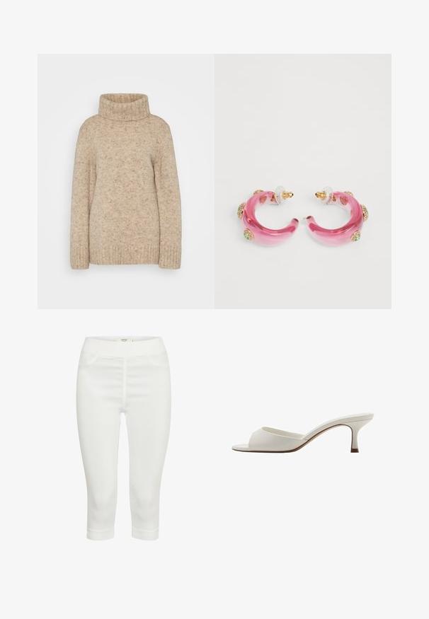 Maglione a collo alto lavorato a maglia beige con colletto a coste, maniche lunghe e una finitura testurizzata con sfumature sottili. Design a vestibilità rilassata.; Pantaloni capri bianchi realizzati in un tessuto elasticizzato, con una superficie liscia, due tasche frontali e una comoda vita elastica.; Mule con tacco alto, aperti davanti e di colore bianco, con una finitura liscia, design minimalista e tacco slanciato, caratterizzati da un sottile accento marrone sulla suola.; Orecchini a cerchio in resina rosa con accenti dorati e pietre colorate incastonate lungo i bordi esterni. Fondi trasparenti per una vestibilità sicura.