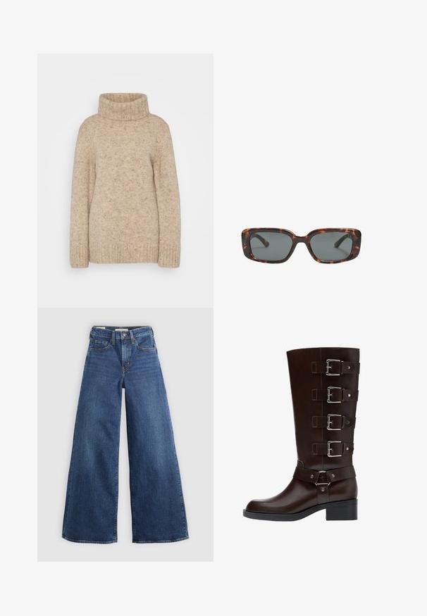 Beige Strickpullover mit Rollkragen, langen Ärmeln und einer strukturierten Oberfläche mit dezenten Flecken. Entspannter Schnitt.; Weite blaue Jeans aus Denim mit fünf Taschen, einem Knopfverschluss und Kontrastnähten, die eine weiche und strukturierte Oberfläche aufweisen.; Dunkelbraune Lederstiefel bis zum Knie mit rundem Zeh, vier verstellbaren Schnallenriemen und Blockabsatz, die über glatte und strukturierte Oberflächen verfügen.; Sonnenbrille im Schildpatt-Design mit rechteckigen Gläsern, dicken Rahmen und dunkelgetönten Gläsern. Glatte Textur und minimalistisches Design.
