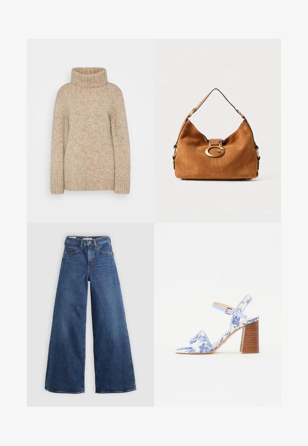 Pulover bej tricotat cu gâtul înalt, cu un guler striat, mâneci lungi și un finisaj texturat ce prezintă nuanțe subtile. Design cu o croială lejeră.; Jeans din denim albastru cu picioare largi, cinci buzunare, sistem de închidere cu nasture și cusături în contrast, având o finisare moale și texturată.; Sandale cu imprimeu floral albastru, cu vârf pătrat, o curea lată și o curea ajustabilă la gleznă, având un toc bloc din lemn texturat.; Geantă din suede maro cu o formă rotundă, un închizător din metal cu tonalitate aurie și o margine contrastantă neagră. Dispune de o curea pentru umăr pentru purtare.