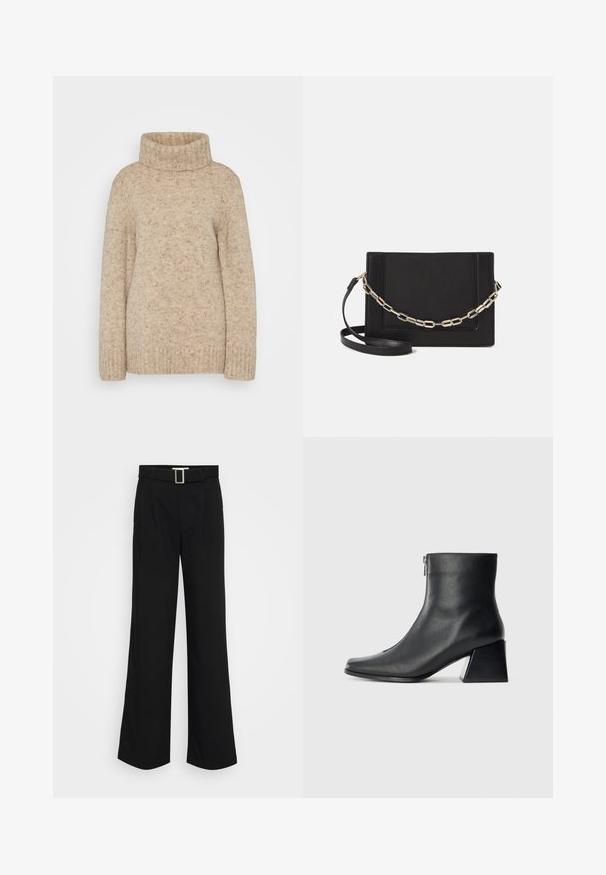 Beige knitted turtleneck sweater with a ribbed collar, long sleeves, and a textured finish featuring subtle flecks. Relaxed fit design.; Black wide-leg trousers made of lightweight fabric, featuring a smooth texture, front pleats, and a belt with a square metal buckle.; Black leather ankle boot with square toe, side zipper, and block heel against plain light background.; Black leather crossbody bag featuring a smooth texture, rectangular shape, and a metallic chain detail on the front. Adjustable strap included.