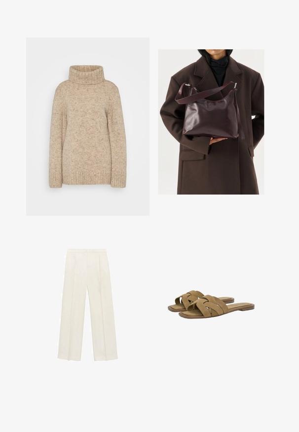 Bež pletena visok vratni pulover z rebrastim ovratnikom, dolgimi rokavi in teksturirano površino z diskretnimi madeži. Ohlapen kroj.; Hlače širokih nogavic v svetli kremni barvi. Narejene iz gladkega materiala s plitkimi naborki spredaj in stranskimi žepi.; Kavčasti rjavi semiš sandal z obliko čez križ in ravnim podplatom. Mehka tekstura in minimalistična oblika. Primerno za vsakodnevno nošenje.; Oseba v temno rjavem plašču drži sijočo temno burgundno usnjeno torbico z nastavljivim naramnikom v nasprotju s svetlo ozadjem.